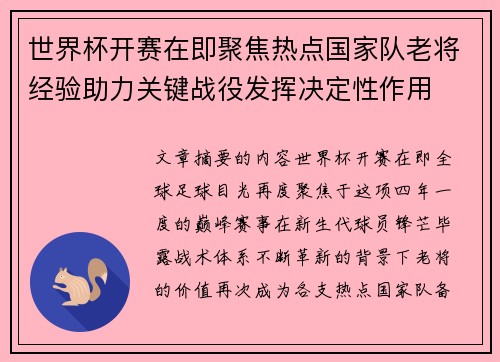 世界杯开赛在即聚焦热点国家队老将经验助力关键战役发挥决定性作用