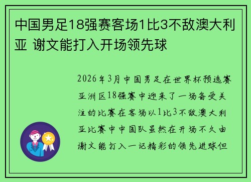中国男足18强赛客场1比3不敌澳大利亚 谢文能打入开场领先球